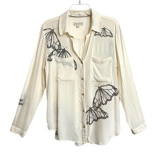 Pilcro Lane Lloyd the Romy Relaxed Butterfly Button Up Shirt Womens M Cream Boho